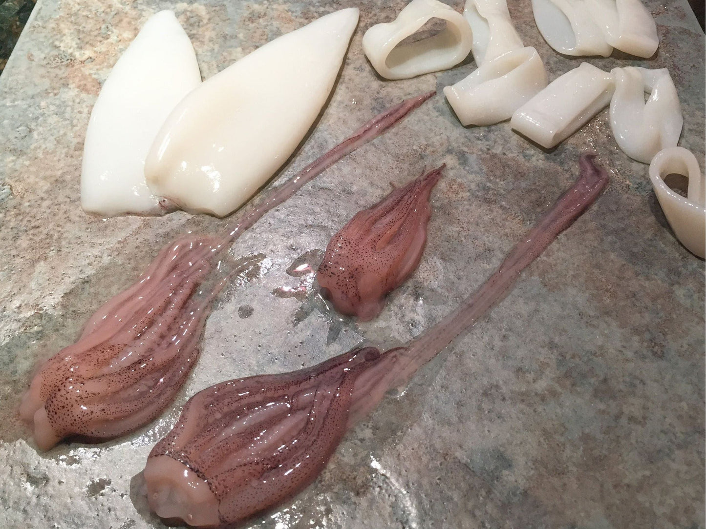 Raw squid pieces on a stone surface