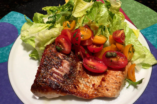 Arctic Char with Blistered Cherry Tomatoes in Garlic Olive Oil