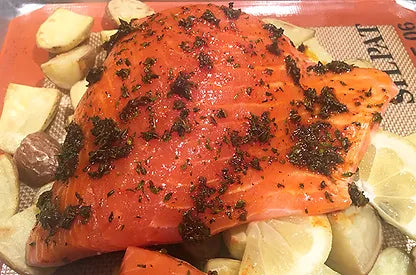 One Pan Lemon Salmon, Roasted Potatoes and Parmesan Asparagus