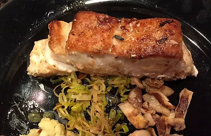 Asian-Style Pan-Fried Corvina with Leeks and Shiitakes