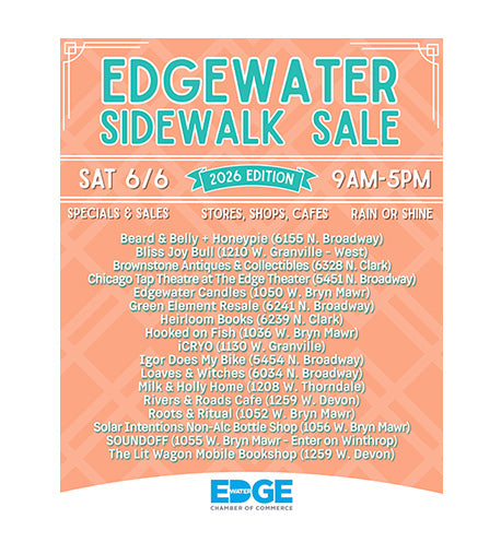 Edgewater Sidewalk Sale flyer with event details and participating businesses on a peach background.