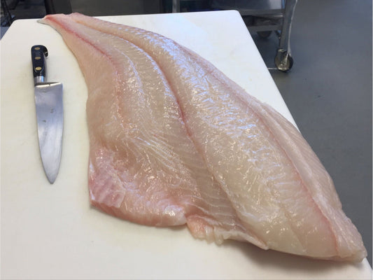 A large fillet of Alaskan Halibut on a white cutting board with a knife to the side.